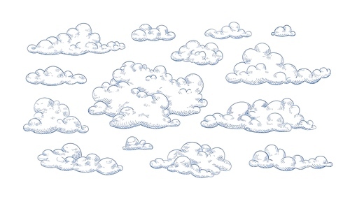 Bundle of fluffy clouds drawn with contour lines. Collection of romantic decorative design elements isolated on white . Elegant vector illustration for weather forecast, Valentine's day