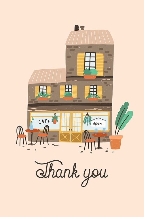 Card, postcard or poster template with coffee house or cafe building on street of European city and Thank You word or phrase written with cursive font. Flat vector illustration in cute naive style