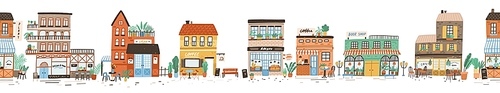 Urban landscape or view of European city street with stores, shops, sidewalk cafe, restaurant, bakery, coffee house. Seamless banner with building facades. Flat vector illustration in cute style