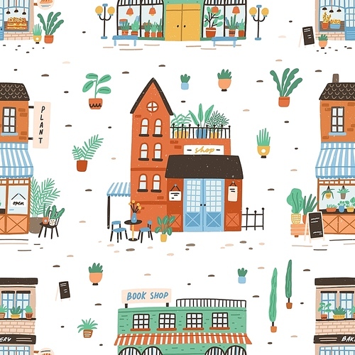 Seamless pattern with city buildings on white background. Backdrop with facades of bakery or bakeshop, book store, plant shop. Cute flat vector illustration for wrapping paper, textile