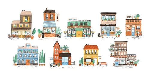 Collection of stores, shops, cafe, restaurant, bakery, coffee house isolated on white . Bundle of buildings on street of European city. Flat vector illustration in cute naive style