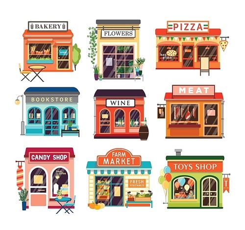 Collection of shop buildings isolated on white . Stores selling baked and farm products, pizza, flowers, books, wine, meat, candies, toys. Colorful vector illustration in cartoon flat style