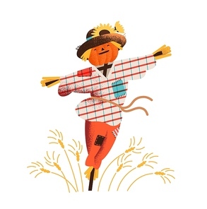 Smiling straw scarecrow dressed in old clothes and hat standing on field with growing crops. Cute happy bird scarer in ragged clothing. Colorful vector illustration in modern flat cartoon style.