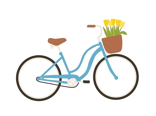 Urban bicycle or city bike with step-through frame and front basket full of spring flowers isolated on white . Modern pedal-driven vehicle. Side view. Seasonal flat vector illustration