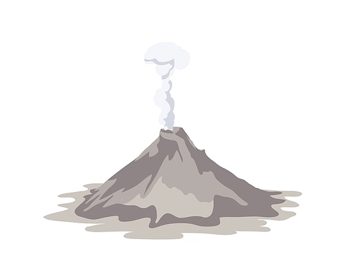 Active volcano erupting and emitting smoke cloud from crater isolated on white . Spectacular volcanic eruption. Natural disaster or hazard. Colored vector illustration in flat cartoon style