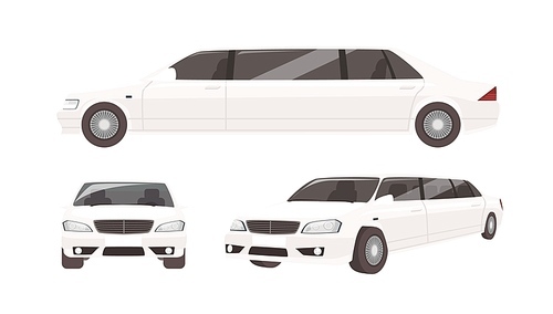 Luxurious limousine or limo isolated on white . Expensive posh premium motor vehicle, car or automobile. Set of front and side views. Colorful vector illustration in flat cartoon style