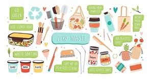 Collection of Zero Waste durable and reusable items or products - glass jars, eco grocery bags, wooden cutlery, comb, toothbrush and brushes, menstrual cup, thermo mug. Flat vector illustration