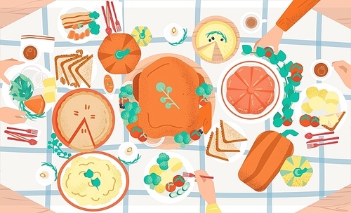 Thanksgiving festive dinner. Tasty traditional holiday meals lying on plates and hands of people eating them. Decorated table with delicious dishes, top view. Colored cartoon vector illustration.