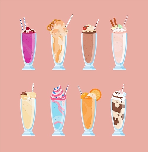 Bundle of tasty milkshakes in glasses with straws. Collection of creamy delicious cocktails decorated with fruits, berries, sprinkles, chocolate syrup. Set of dessert drinks. Flat vector illustration