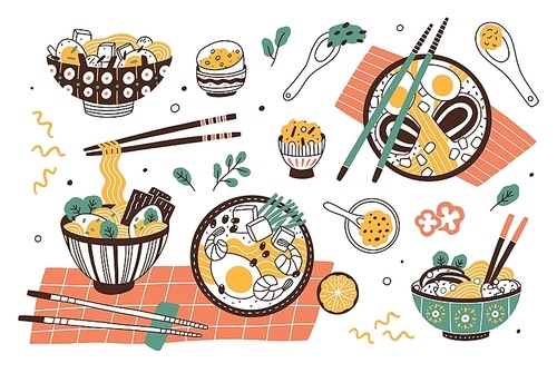 Collection of ramen in bowls and chopsticks. Set of traditional tasty Asian or Japanese meal with noodles and broth. Bundle of delicious soup or stew. Flat cartoon colorful vector illustration