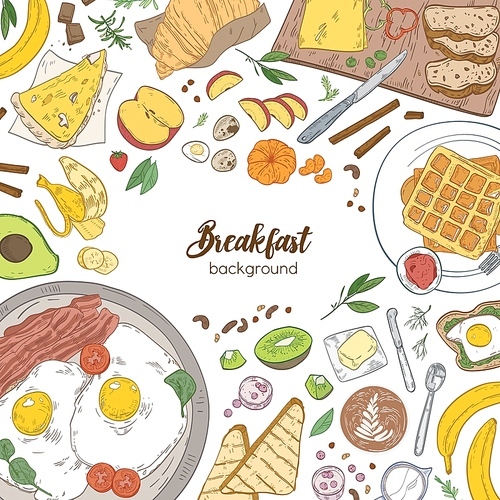 Square background with frame consisted of breakfast meals and healthy morning food - croissant, fried eggs and bacon, toasts, fruits. Realistic vector illustration for restaurant advertisement