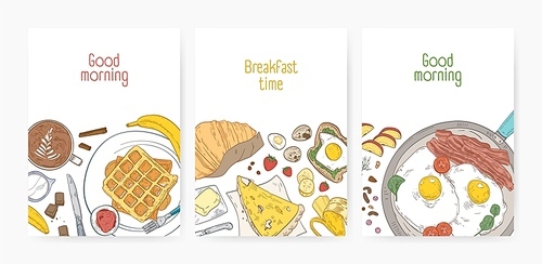 Collection of poster or card templates with tasty healthy breakfast meals and morning food - fried eggs, wafers, coffee. Realistic vector illustration for cafe or restaurant advertisement, promotion