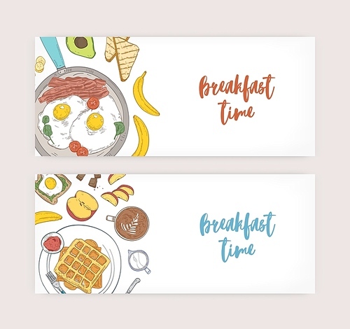 Bundle of horizontal web banner templates with delicious wholesome breakfast meals and morning food - fried eggs, toasts, wafers, fruits. Hand drawn vector illustration for cafe or restaurant promo