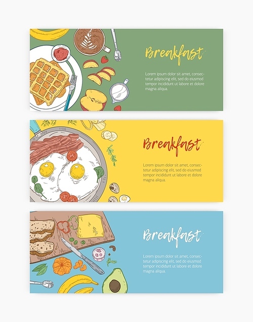 Set of hand drawn banner templates with tasty healthy breakfast meals and morning food - fried eggs, wafers, fruits, coffee. Realistic vector illustration for cafe or restaurant advertisement