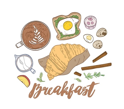 Decorative hand drawn composition with appetizing breakfast meals and morning food - croissant, egg sandwich, yogurt, coffee. Realistic vector illustration in elegant vintage style for restaurant