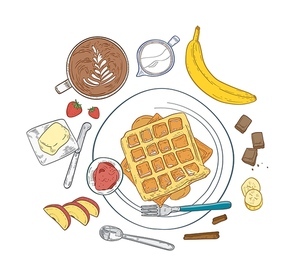 Realistic composition with delicious sweet breakfast meals and dessert morning food - wafers lying on plate, fruits, berries, coffee. Elegant vintage vector illustration for restaurant or cafe