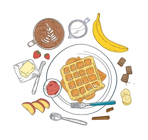 Realistic composition with delicious sweet breakfast meals and dessert morning food - wafers lying on plate, fruits, berries, coffee. Elegant vintage vector illustration for restaurant or cafe