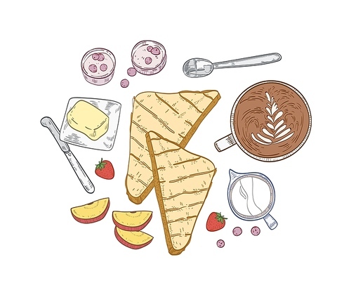 Elegant hand drawn composition with delicious breakfast meals and wholesome morning food - bread toasts, butter, fruits, berries, yogurt, coffee. Vector illustration in vintage style for cafe