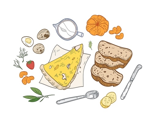 Realistic hand drawn composition with tasty breakfast meals or snacks and fresh organic morning food - pizza slice, bread, eggs, fruits and berries. Vector illustration in vintage style for cafe