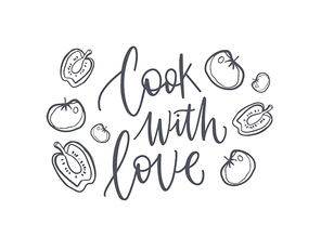 Cook With Love inspiring phrase or slogan handwritten with cursive calligraphic font and decorated by fresh vegetables. Elegant monochrome lettering isolated on white . Vector illustration