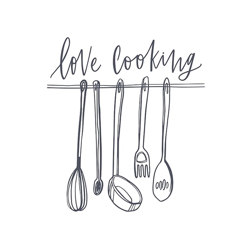 Love Cooking text written with elegant font and kitchen utensils hanging on rail. Stylish lettering and tools for food preparation isolated on white . Monochrome vector illustration