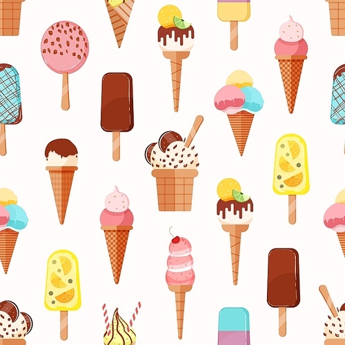 Seamless pattern with tasty sweet ice creams on light background. Backdrop with delicious frozen creamy refreshing summer desserts. Flat cartoon vector illustration for wrapping paper, textile