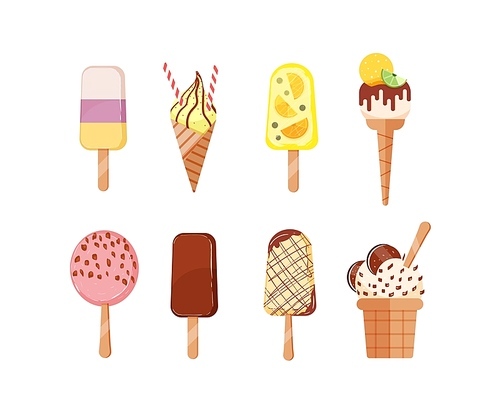 Bundle of sweet ice cream of different types isolated on light background. Set of delicious frozen creamy desserts decorated with chocolate sprinkles, exotic fruits. Flat cartoon vector illustration