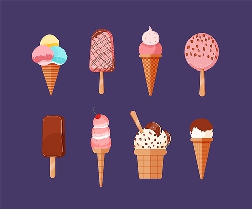 Set of delicious ice cream of various types. Bundle of appetizing frozen creamy desserts decorated with chocolate glaze, sprinkles and berries. Tasty sweet product. Flat cartoon vector illustration
