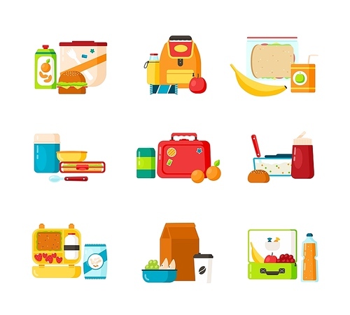 Collection of lunch boxes for kids isolated on white . Bundle of containers for children s breakfast food or healthy meals storage. Colorful vector illustration in flat cartoon style