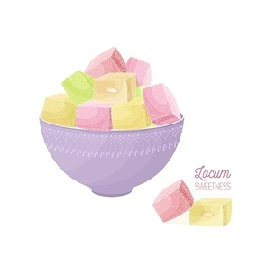 Colorful Turkish delight or rahat lokum and nougat in bowl isolated on light background. Tasty oriental sweets, traditional confection, delicious Arabic dessert. Cartoon vector illustration