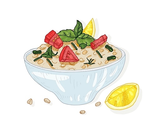Tabbouleh salad in bowl isolated on white . Tasty restaurant vegan meal made of tomatoes and bulgur. Appetizing vegetarian dish for lunch or dinner. Hand drawn realistic vector illustration