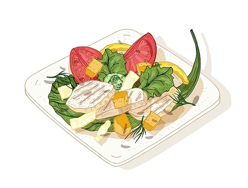 Caesar salad on plate isolated on white . Delicious restaurant meal made of chicken, lettuce leaves, fresh vegetables and croutons. Tasty appetizer dish. Hand drawn vector illustration