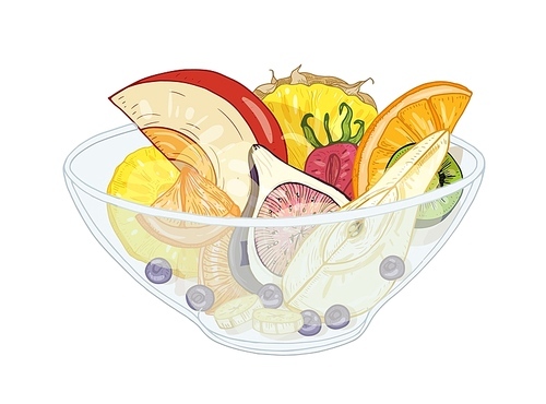 Tropical exotic fruit salad in bowl isolated on white . Tasty meal made of chopped oranges, pineapples, pears, bananas and berries. Delicious healthy dessert. Realistic vector illustration