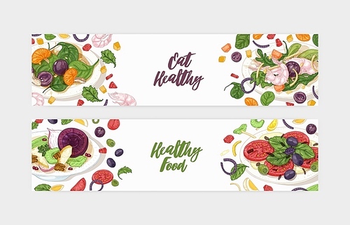 Bundle of web banner templates with delicious salads on plates and ingredients. Fresh wholesome dietary meals. Healthy nutrition. Hand drawn realistic vector illustration for restaurant advertisement