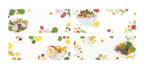 Collection of banner templates with delicious salads on plates and in bowls. Bundle of backdrops with wholesome dietary meals, tasty vegan nutrition. Realistic hand drawn vector illustration