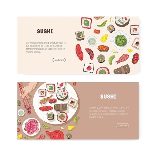 Bundle of web banner templates with Japanese food and hands holding sushi, sashimi, rolls with chopsticks and place for text. Vector illustration for Asian restaurant promotion, advertisement