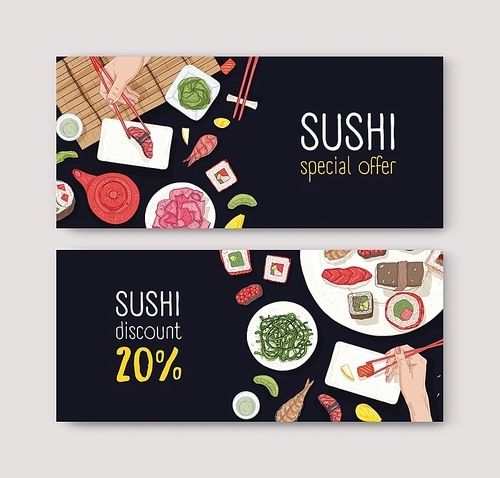 set of discount vouchers or s with japanese food and hands holding sushi, sashimi and rolls with chopsticks on black background. hand drawn vector illustration for asian restaurant promotion