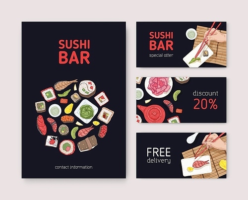 bundle of flyers, web banners or s for japanese restaurant with hands holding sushi, sashimi and rolls with chopsticks on black background. vector illustration for asian food delivery service