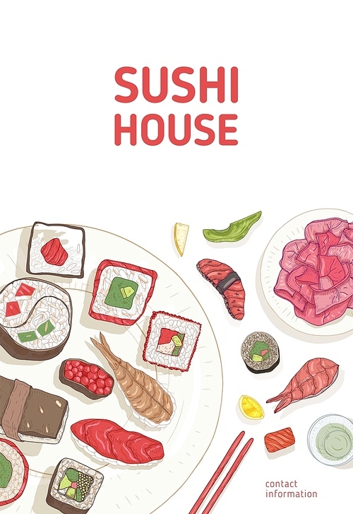 Flyer template with dining table and hands holding sushi, sashimi and rolls with chopsticks on white background. Realistic vector illustration for Sushi House or Japanese restaurant advertisement