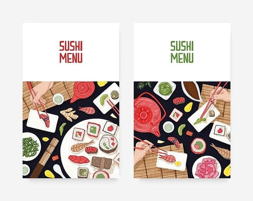 Set of menu cover templates with dining table and hands holding sushi, sashimi and rolls with chopsticks on black background. Realistic vector illustration for Japanese restaurant advertisement