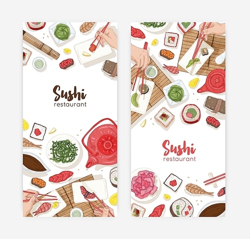 Bundle of web banner templates with dining table and hands holding sushi, sashimi and rolls with chopsticks on white background. Realistic hand drawn vector illustration for Japanese restaurant