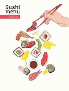 Japanese restaurant menu cover template with dining table and hands holding sushi, sashimi and rolls with chopsticks on white background. Realistic vector illustration for promotion, advertisement