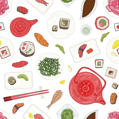 Seamless pattern with sushi, sashimi, rolls on plates and ingredients on white background. Backdrop with delicious Japanese meals. Realistic hand drawn vector illustration for wrapping paper