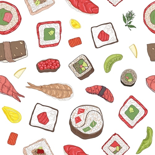 Seamless pattern with maki and nigiri sushi, sashimi, rolls and ingredients on white background. Backdrop with fresh tasty Japanese fish and seafood meals. Realistic hand drawn vector illustration