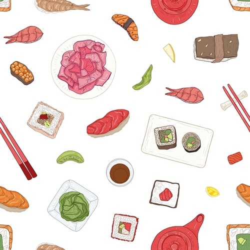 Seamless pattern with Japanese sushi, sashimi, rolls, wasabi, ginger, soy sauce on white background. Backdrop with traditional delicious Asian seafood meals. Realistic hand drawn vector illustration