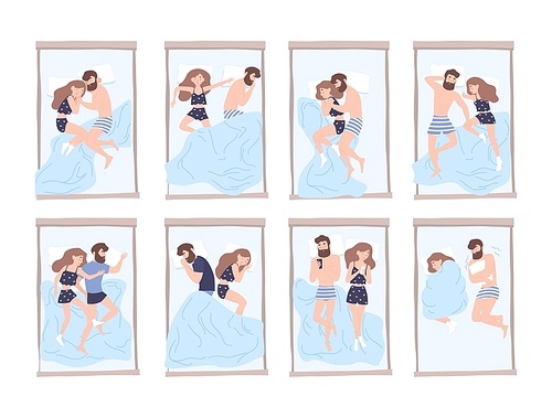 Collection of young man and woman sleeping on bed in various poses. Bundle of cute couple lying in different postures during night rest. Flat cartoon characters. Colorful vector illustration