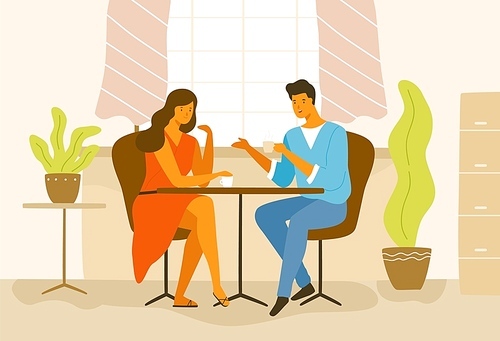 Cute romantic couple sitting at cafe table. Boyfriend and girlfriend drinking coffee and talking. Young man and woman in love on date. Colorful modern vector illustration in flat cartoon style