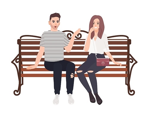 Young couple sitting together on street bench and talking. Happy man and woman in love isolated on white . Boy and girl on romantic date. Colorful vector illustration in flat cartoon style