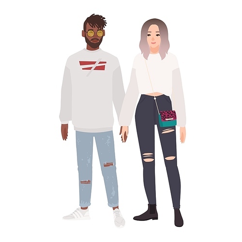 Stylish multiracial couple. Boy and girl dressed in trendy clothes standing together and holding hands. Cartoon characters isolated on white . Colorful vector illustration in flat style