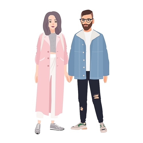 Pair of hipster man and woman dressed in fashionable clothes standing together and holding hands. Stylish romantic couple. Cartoon characters isolated on white . Flat vector illustration